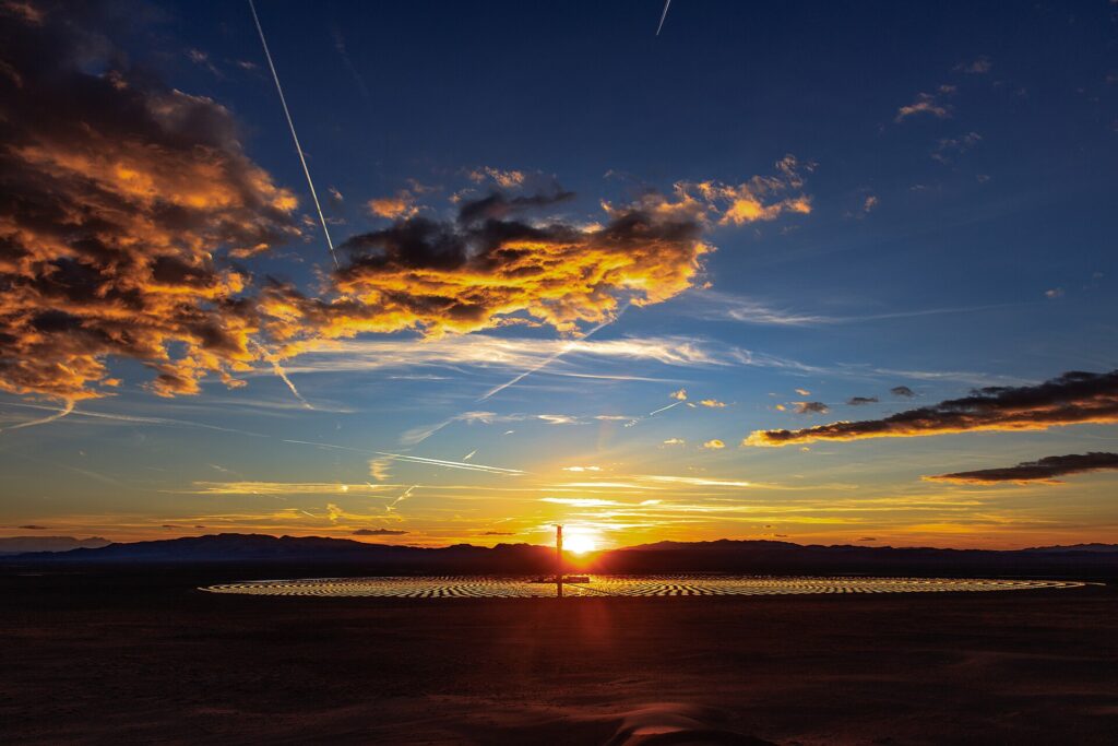 Sunset over the Crescent Dunes solar thermal plant in Nevada