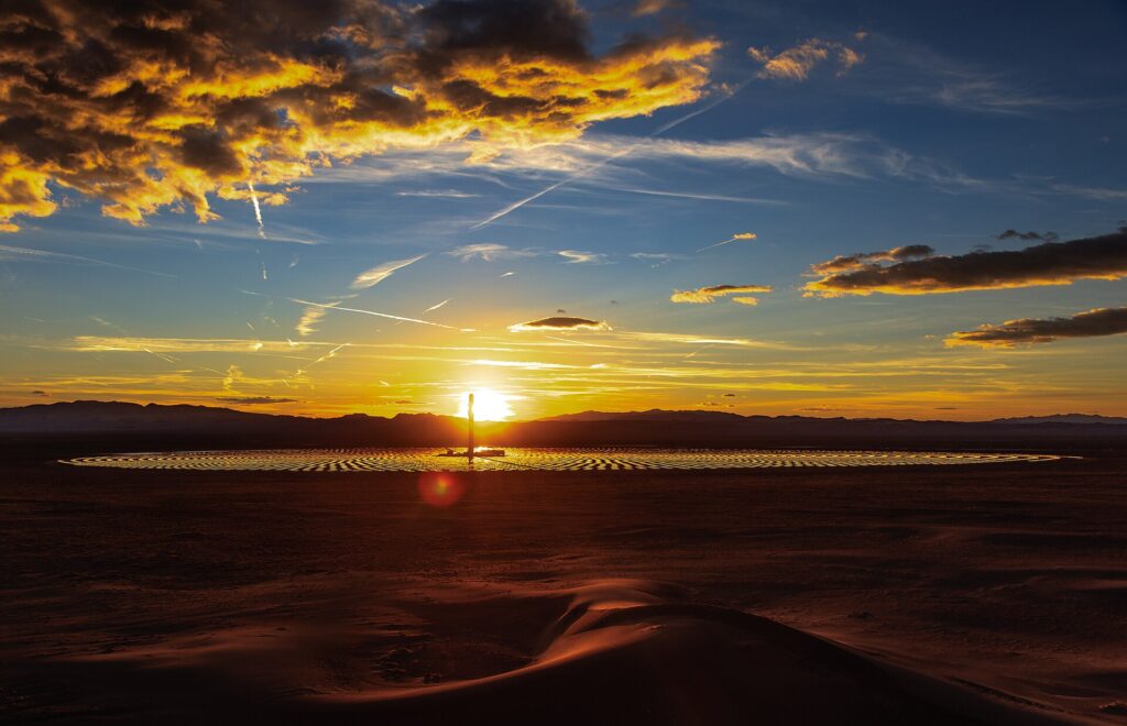 Crescent Dunes solar power tower at sunset