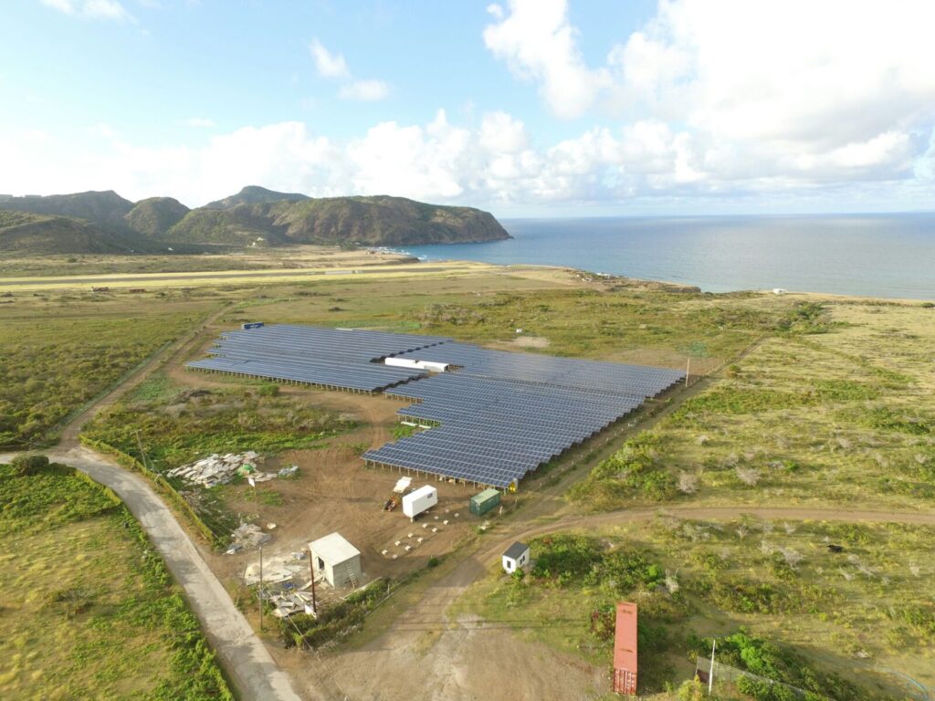 Aerial view of a solar photovoltaic park by the sea
